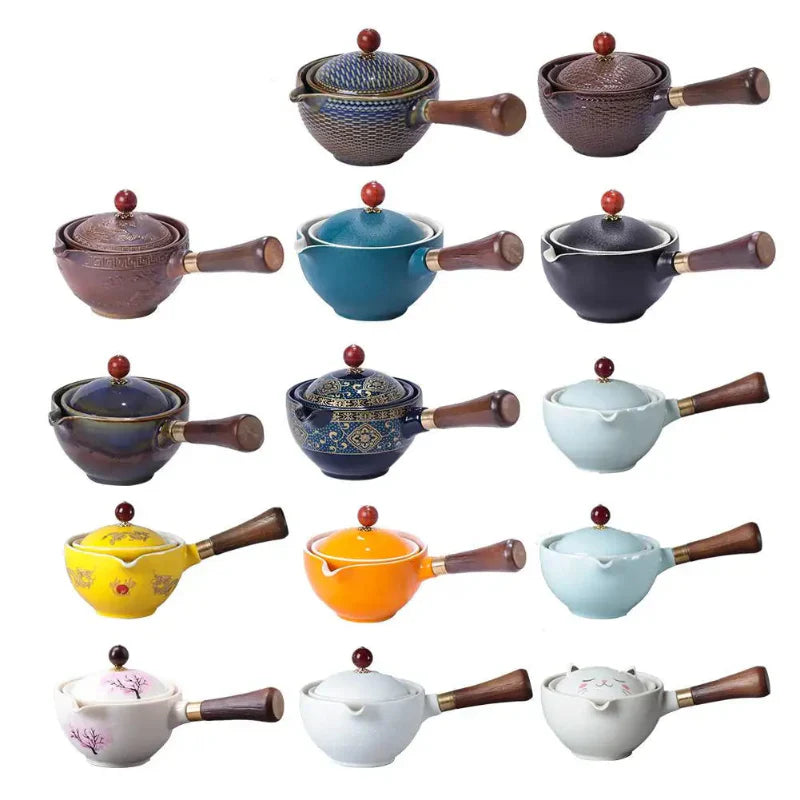 Portable Rotating Ceramic Teapot Tea Maker Infuser with Wooden Handle