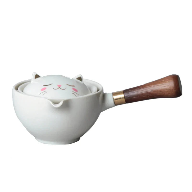 Portable Rotating Ceramic Teapot Tea Maker Infuser with Wooden Handle