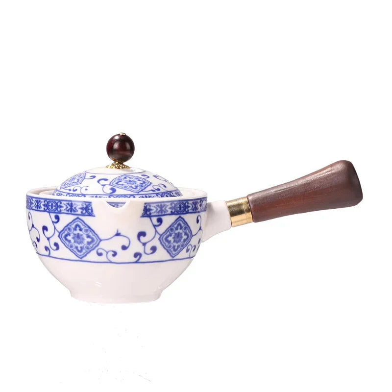 Portable Rotating Ceramic Teapot Tea Maker Infuser with Wooden Handle
