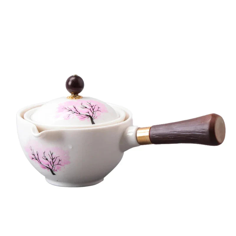 Portable Rotating Ceramic Teapot Tea Maker Infuser with Wooden Handle