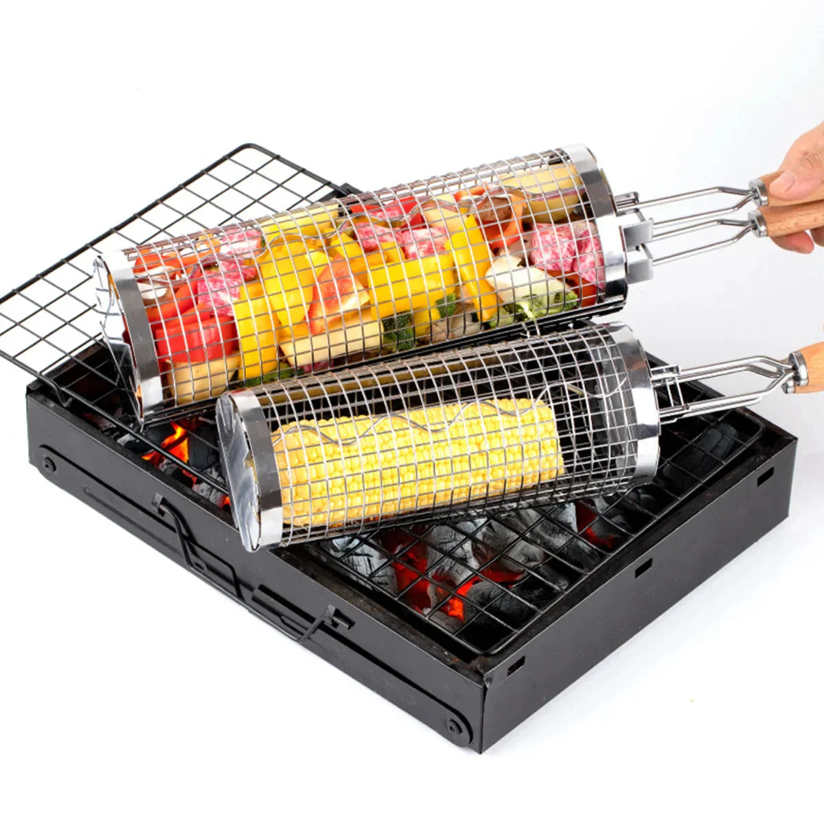 Portable Stainless Steel Rolling Grilling Basket BBQ Grill Accessory