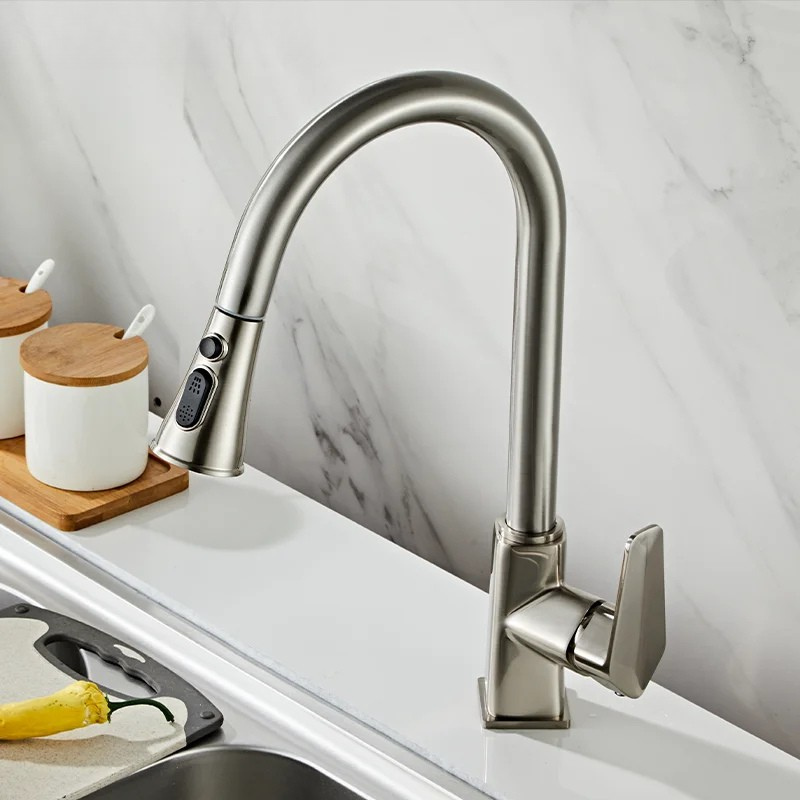 Pull-Out Kitchen Brass Basin Sink Faucet Hot and Cold Water Mixer Tap