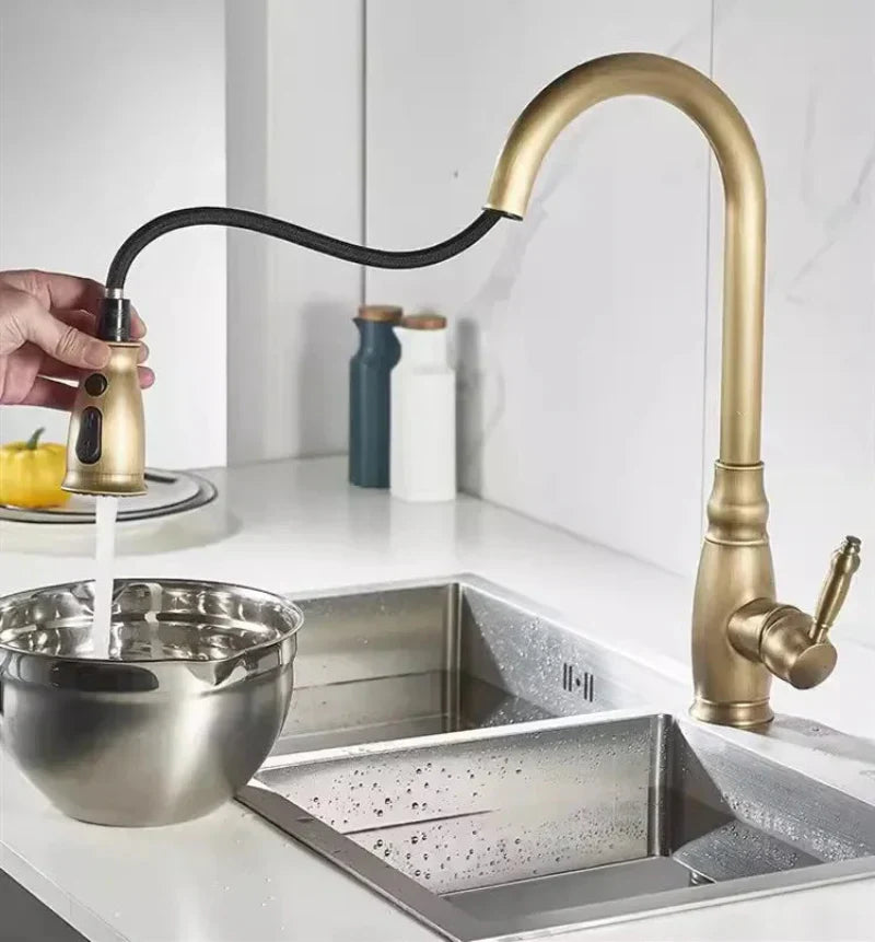 Pull-Out Rotating Spout Water Mixer Tap Antique Brass Kitchen Faucet