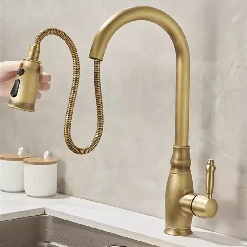 Pull-Out Rotating Spout Water Mixer Tap Antique Brass Kitchen Faucet