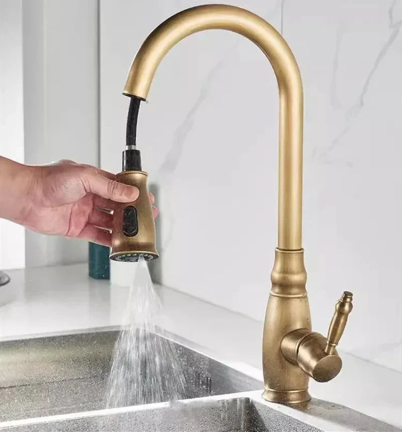 Pull-Out Rotating Spout Water Mixer Tap Antique Brass Kitchen Faucet