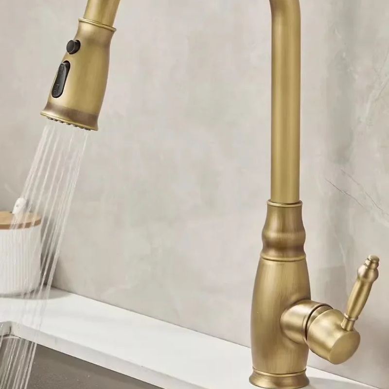 Pull-Out Rotating Spout Water Mixer Tap Antique Brass Kitchen Faucet