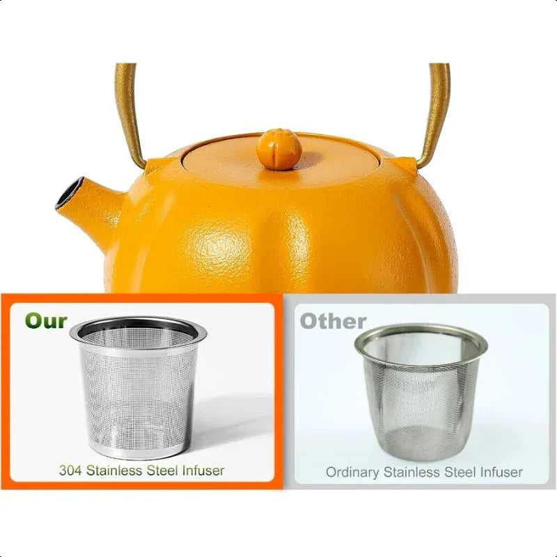 Pumpkin Cast Iron Teapot with Stainless Steel Infuser Internal Enamel
