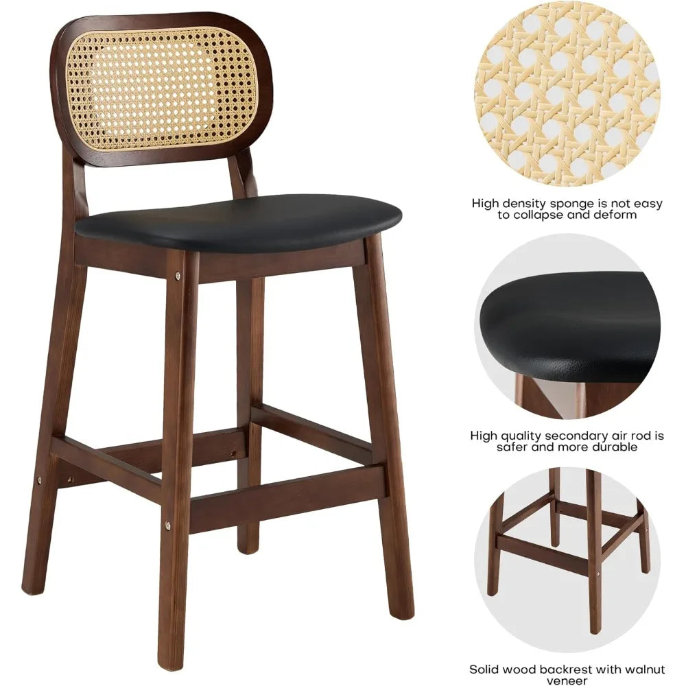 Rattan Bar Stools Set of 3 Mid Century Modern Leather Upholstered