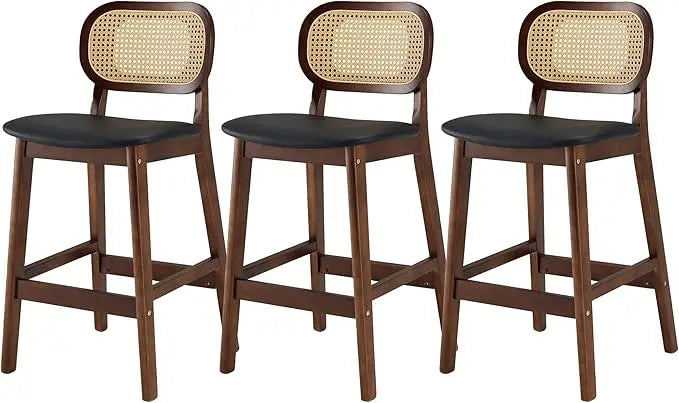 Rattan Bar Stools Set of 3 Mid Century Modern Leather Upholstered