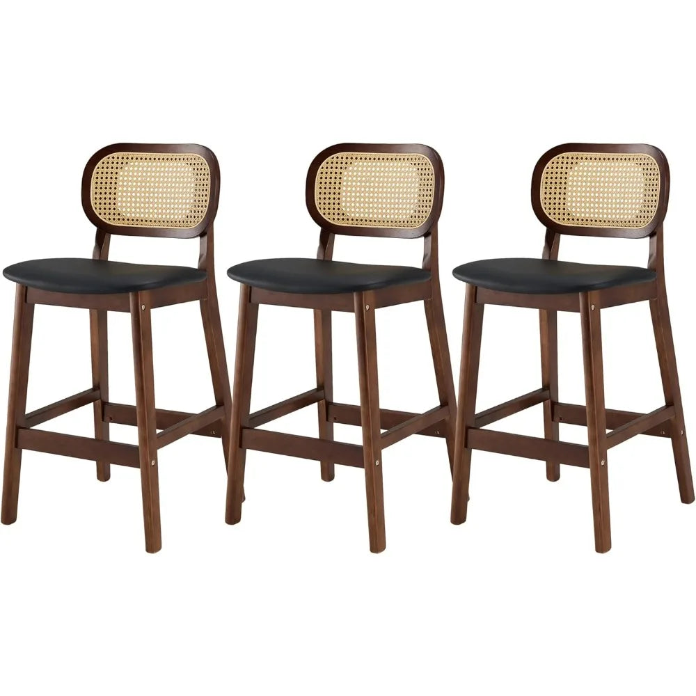 Rattan Bar Stools Set of 3 Mid Century Modern Leather Upholstered