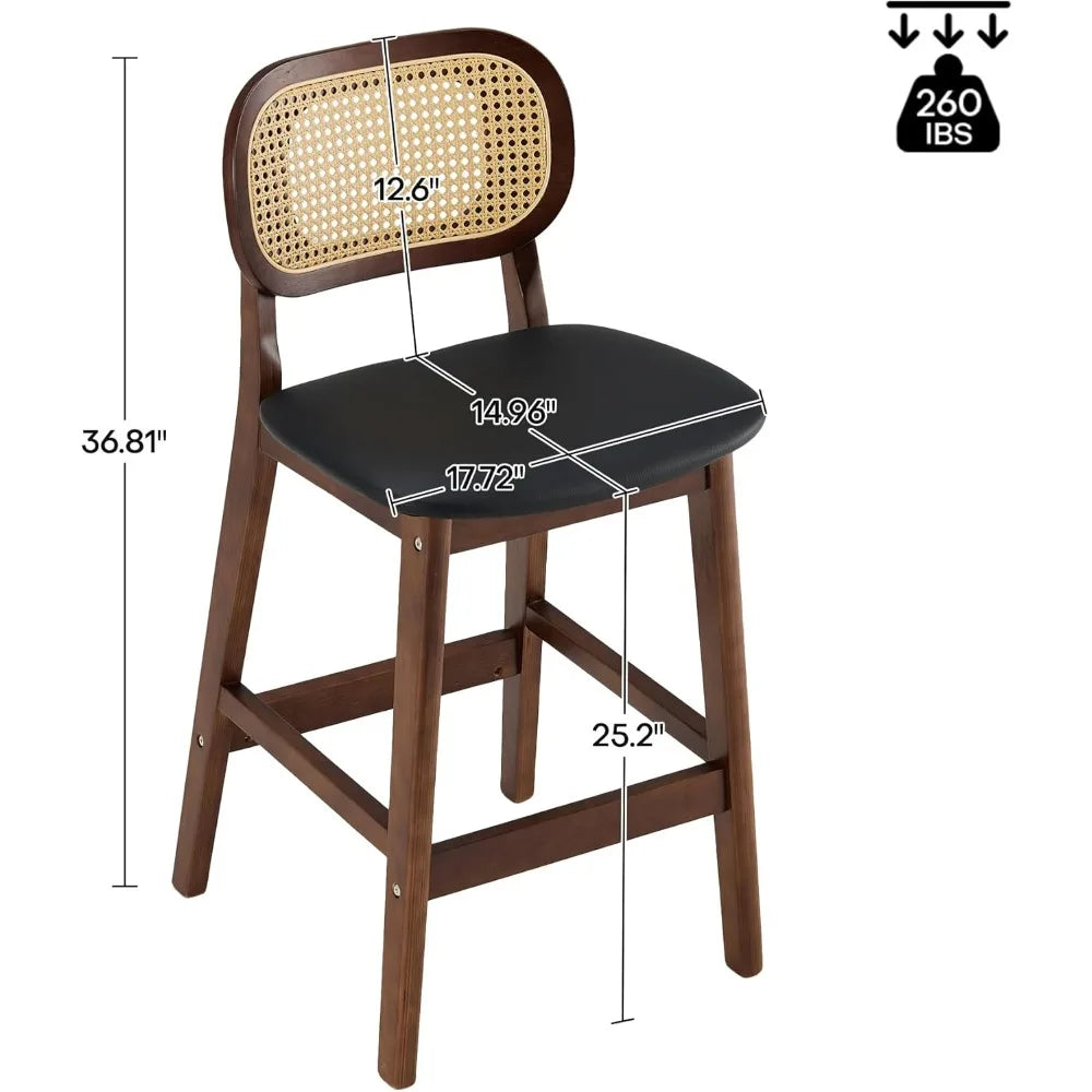 Rattan Bar Stools Set of 3 Mid Century Modern Leather Upholstered