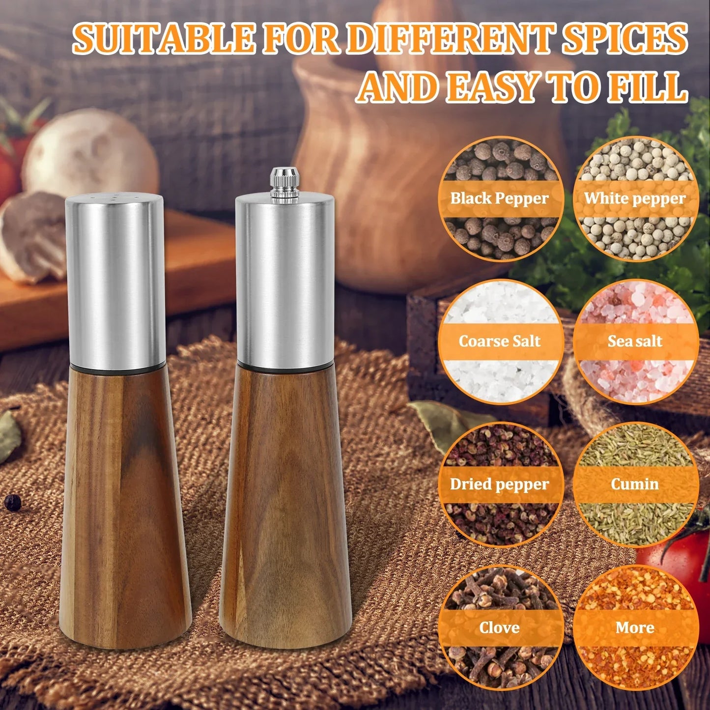 Refillable Acacia Wood Salt  Shaker and Pepper Spice Mill Grinder Set