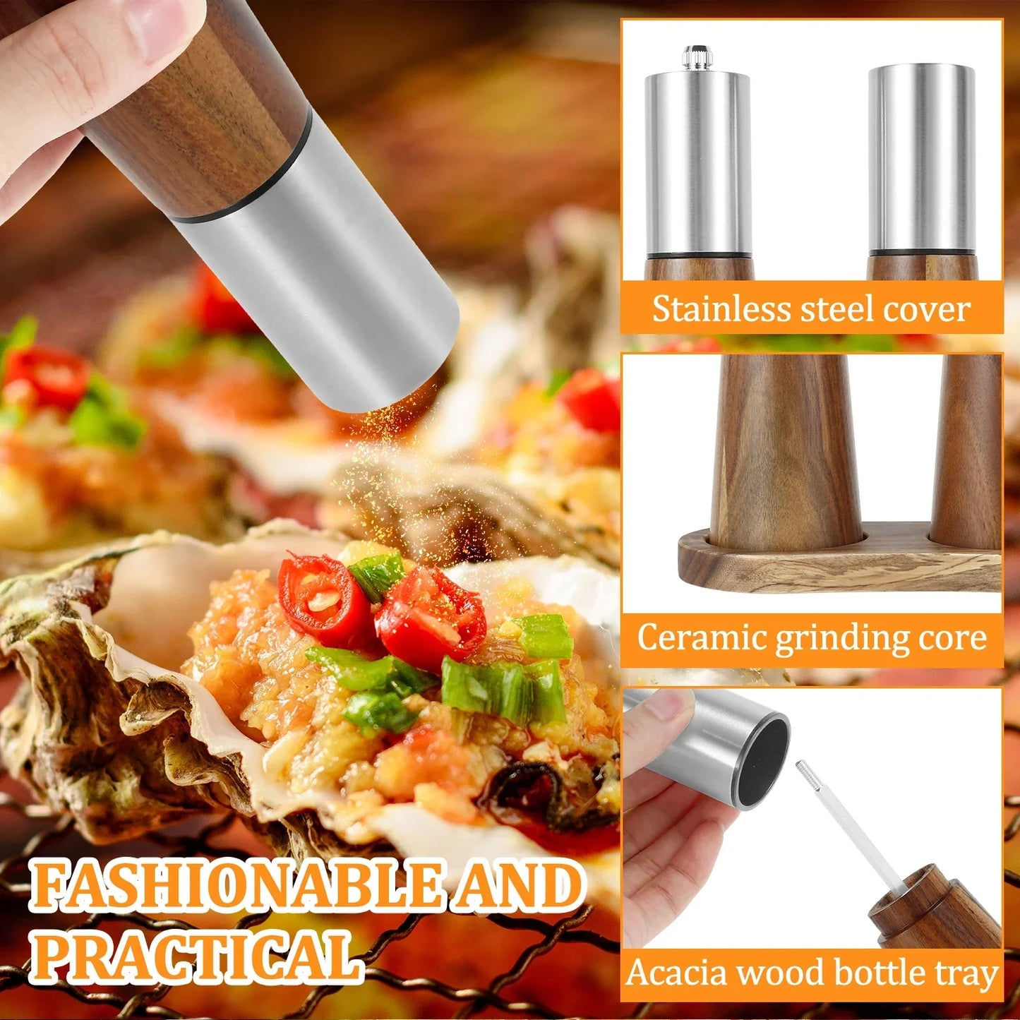 Refillable Acacia Wood Salt  Shaker and Pepper Spice Mill Grinder Set