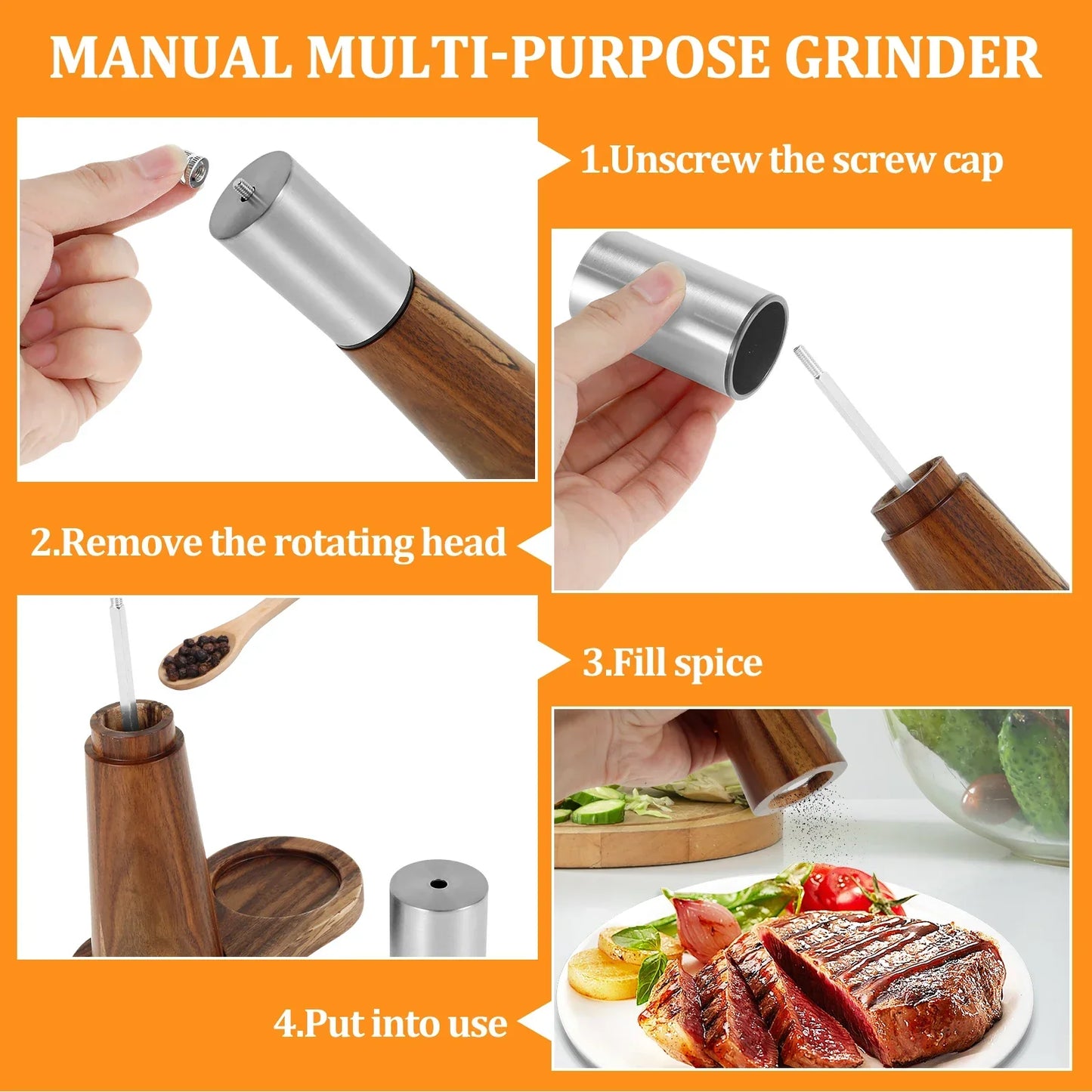 Refillable Acacia Wood Salt  Shaker and Pepper Spice Mill Grinder Set