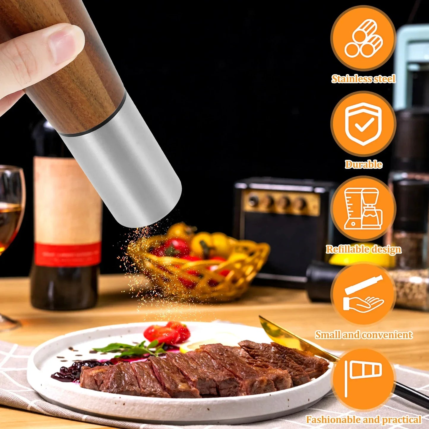 Refillable Acacia Wood Salt  Shaker and Pepper Spice Mill Grinder Set