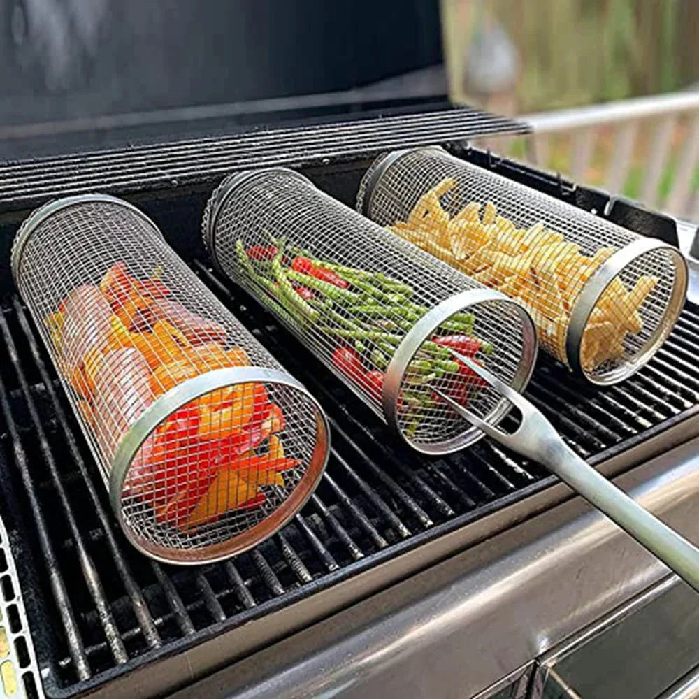Rolling BBQ Basket Grilling Basket Ever Round Stainless Steel Grill Mesh
