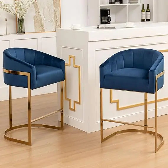 Set of 2 Modern Barrel Stools with Shell Back Gold Velvet Bar Stools