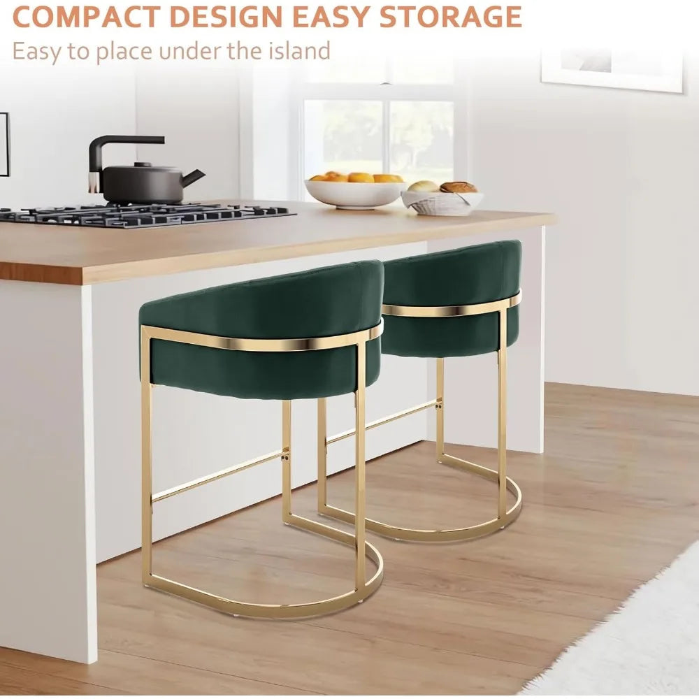 Set of 2 Modern Barrel Stools with Shell Back Gold Velvet Bar Stools