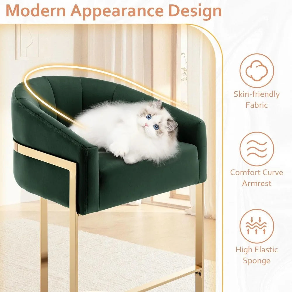 Set of 2 Modern Barrel Stools with Shell Back Gold Velvet Bar Stools