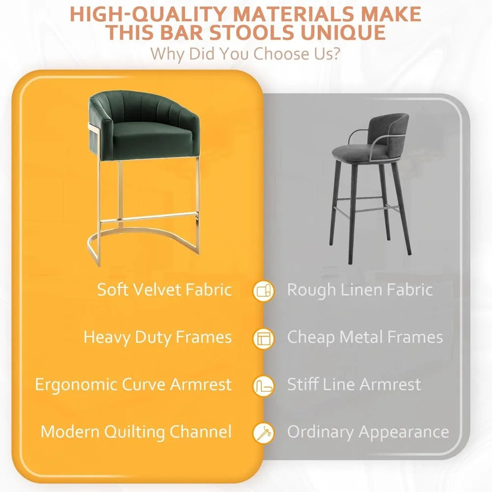 Set of 2 Modern Barrel Stools with Shell Back Gold Velvet Bar Stools