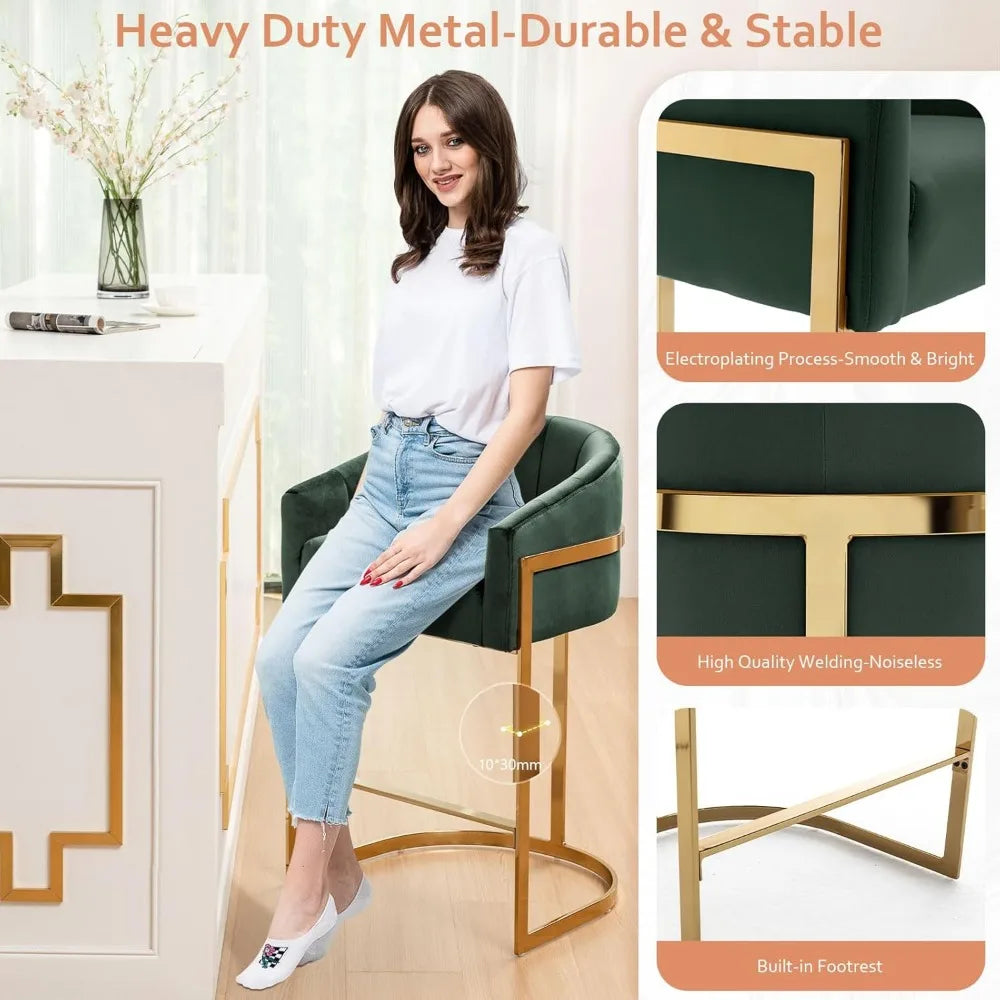 Set of 2 Modern Barrel Stools with Shell Back Gold Velvet Bar Stools