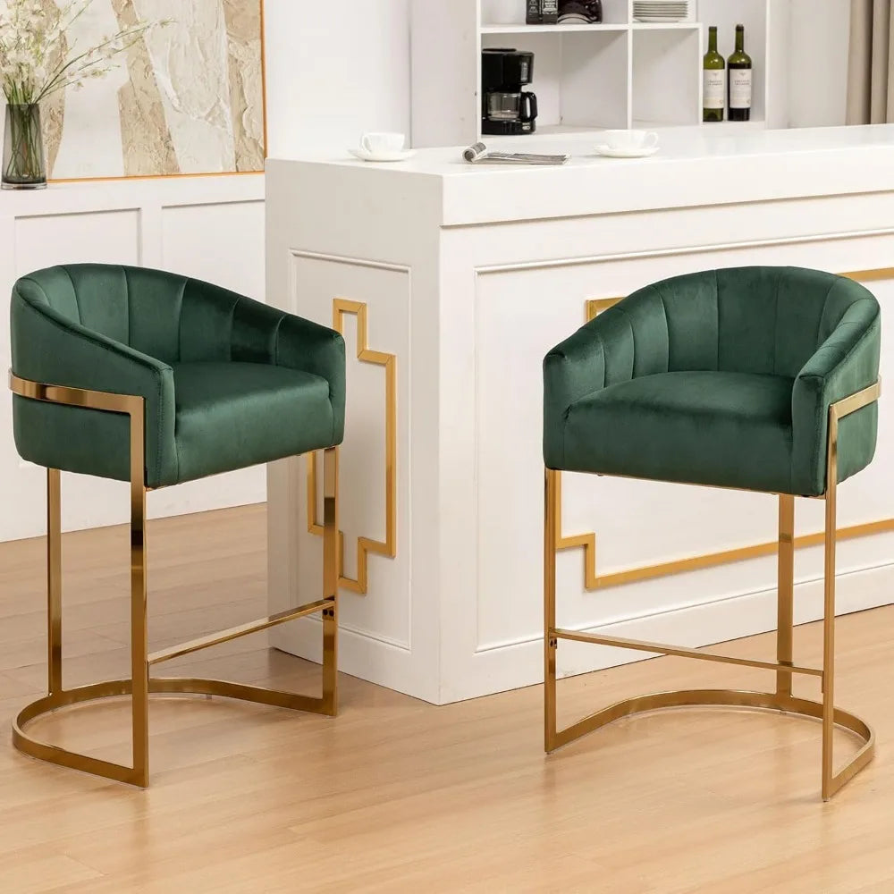 Set of 2 Modern Barrel Stools with Shell Back Gold Velvet Bar Stools