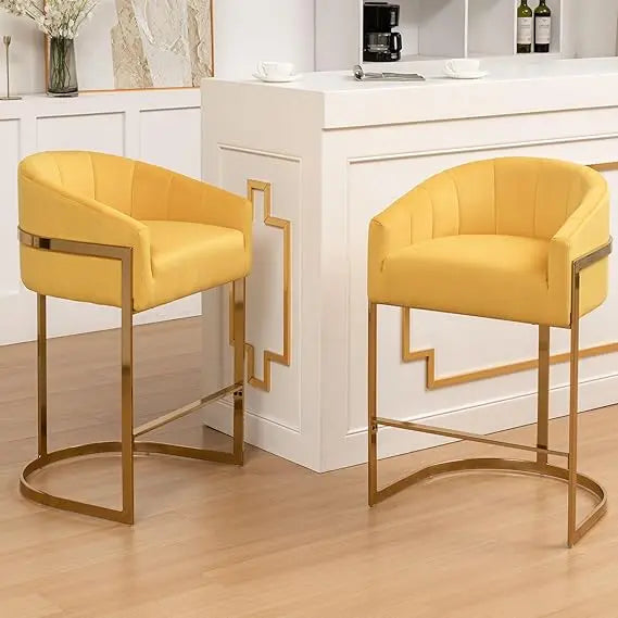 Set of 2 Modern Barrel Stools with Shell Back Gold Velvet Bar Stools