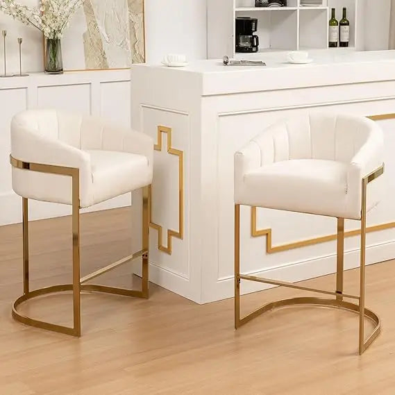 Set of 2 Modern Barrel Stools with Shell Back Gold Velvet Bar Stools