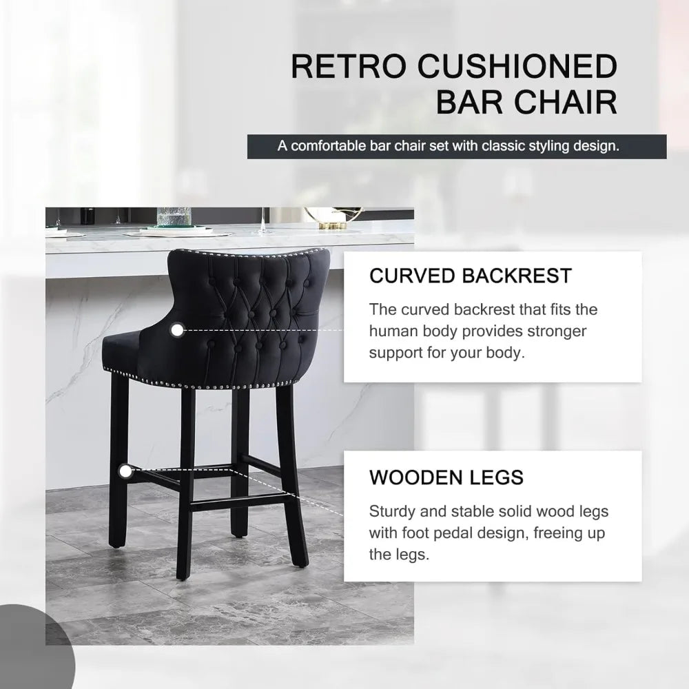 Set of 4 Bar Stools with Back and Button Tufted Velvet Upholstered