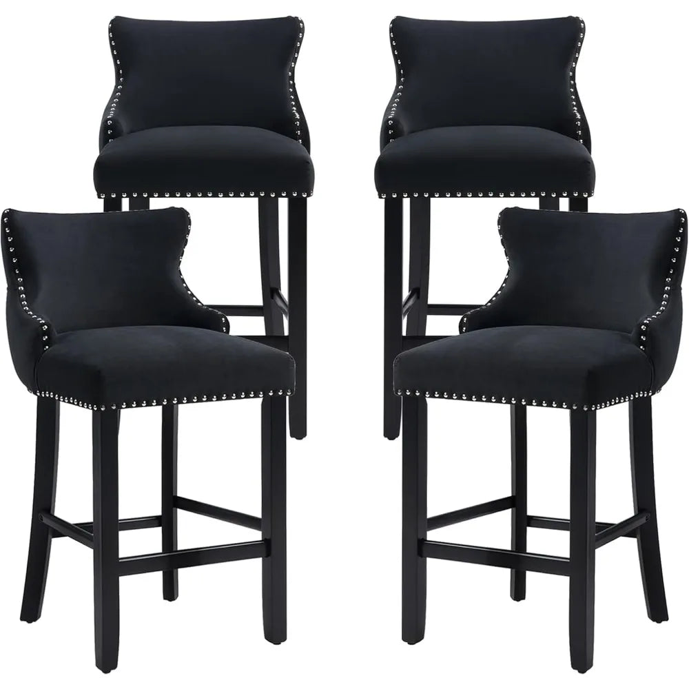 Set of 4 Bar Stools with Back and Button Tufted Velvet Upholstered