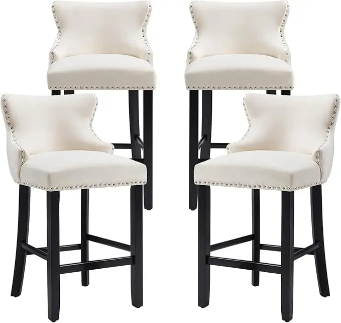 Set of 4 Bar Stools with Back and Button Tufted Velvet Upholstered