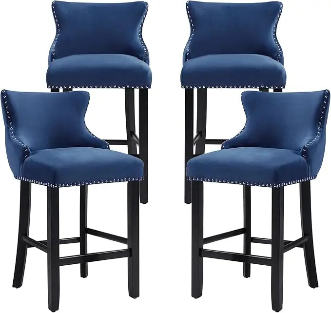 Set of 4 Bar Stools with Back and Button Tufted Velvet Upholstered