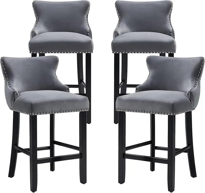 Set of 4 Bar Stools with Back and Button Tufted Velvet Upholstered