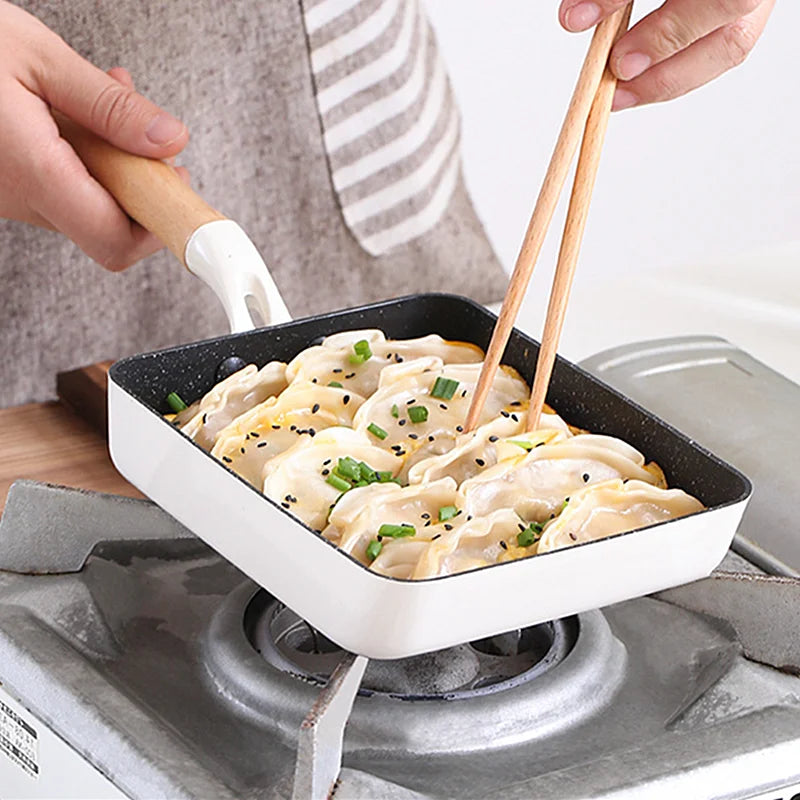 Square Maifan Stone Non Stick Frying Pan with Wooden Handle Cookware