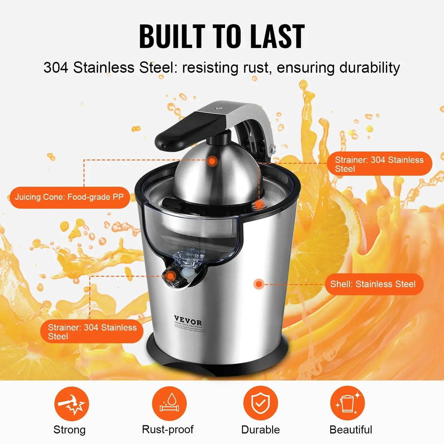 Stainless Steel Electric Citrus Juicer Squeezer with Two Size Cones