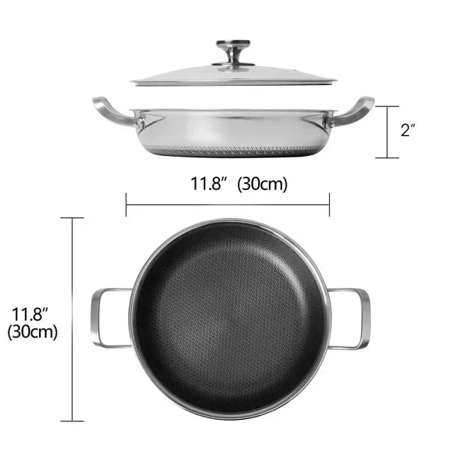 Stainless Steel Frying Pan Braised Pot with Glass Lid Double Handle