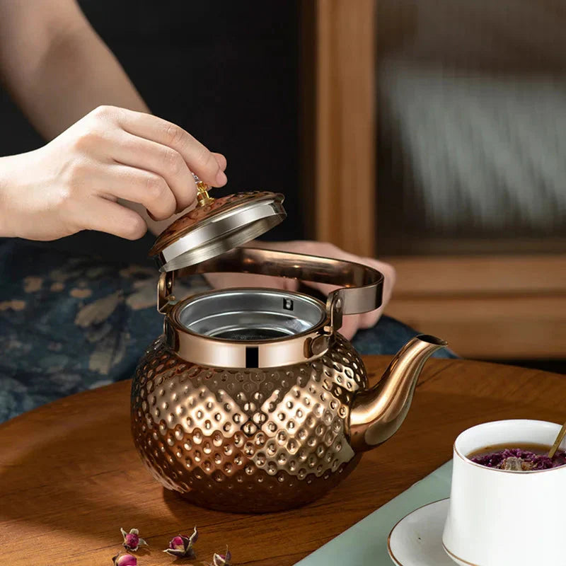 Stainless Steel Kettle Hammered Spherical Tea Pot with Strainer Tea Kettles
