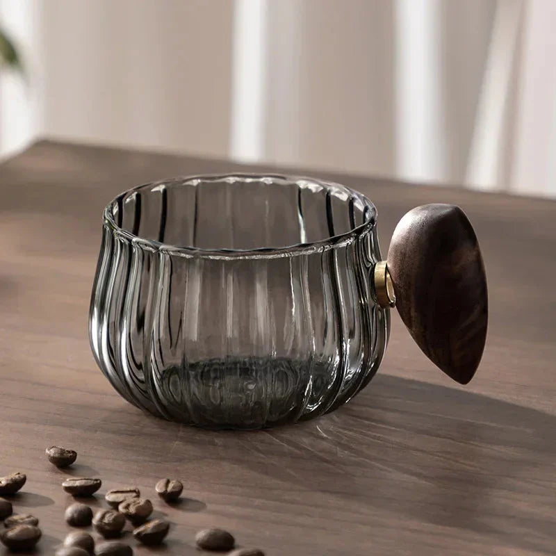 Striped Heat Resistant Silicon Glass Coffee Mug with Wooden Handle