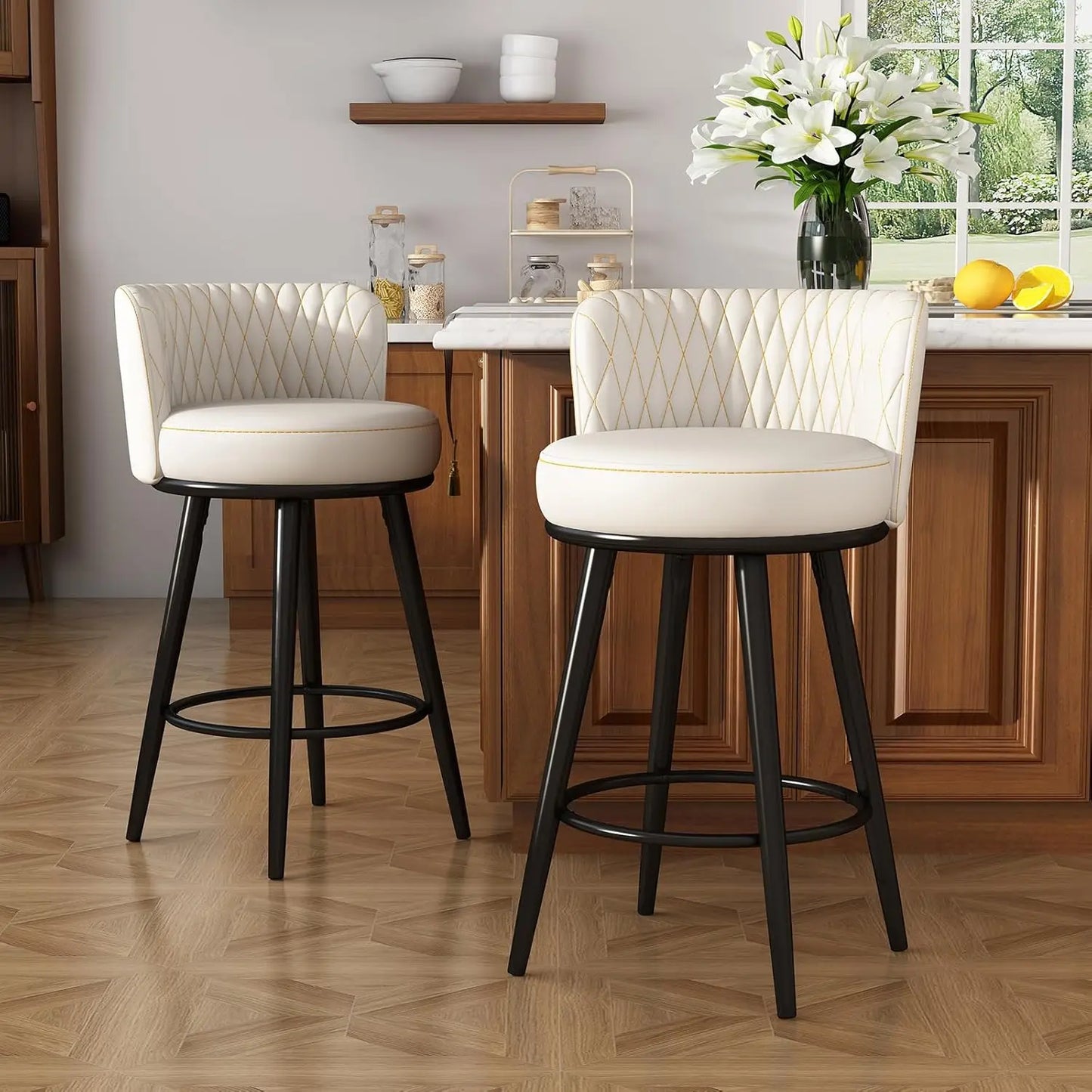 Tufted Modern Counter Height Bar stools Upholstered Back and Metal Legs