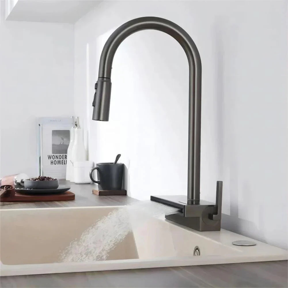 Waterfall Kitchen Faucet Temperature Display Pull Out Sink Tap