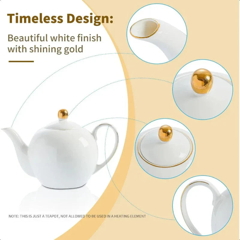 White Porcelain Teapot Classic design Teapot Kettles with Gold Trim